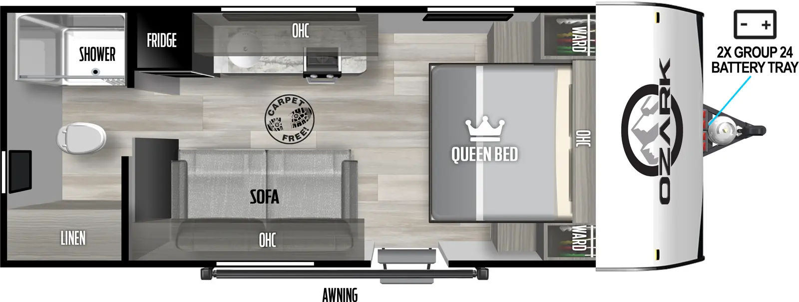 The 1610RBLE has zero slideouts and one entry. Exterior features 2X group 24 battery tray, and awning. Interior layout front to back: foot-facing queen bed with overhead cabinet and wardrobes on each side; off-door side kitchen counter with sink, overhead cabinet, cooktop, and refrigerator; door side entry, and booth dinette with overhead cabinet; rear bathroom with toilet, shower and linen closet only. Carpet-Free Interior.